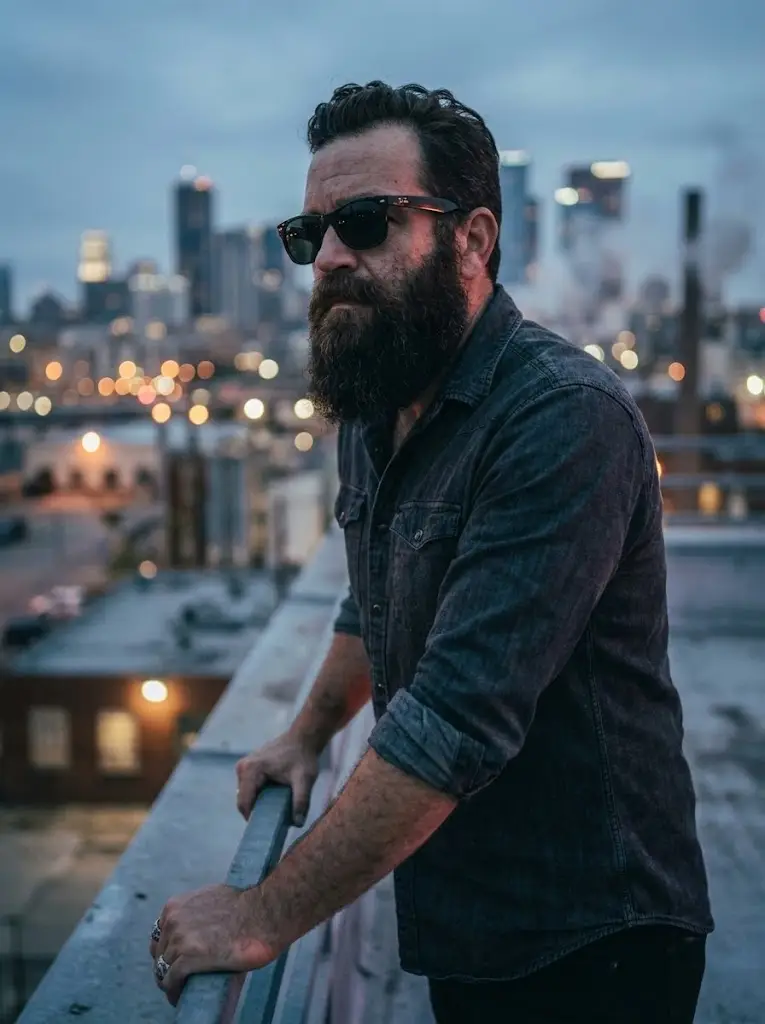 3. Cinematic Rooftop Evening Portrait
